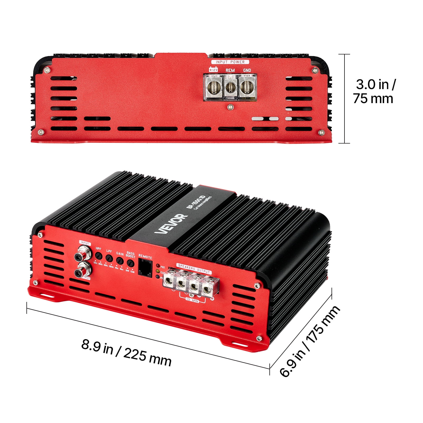 VEVOR Monoblock Car Amplifier, 1500W RMS MAX, 1/2/4 Ohm Stable, 1-Channel Class D Car Audio Amplifier with Remote Subwoofer Level Control, Low Pass Filter and Bass Boost, Volume Controller Included