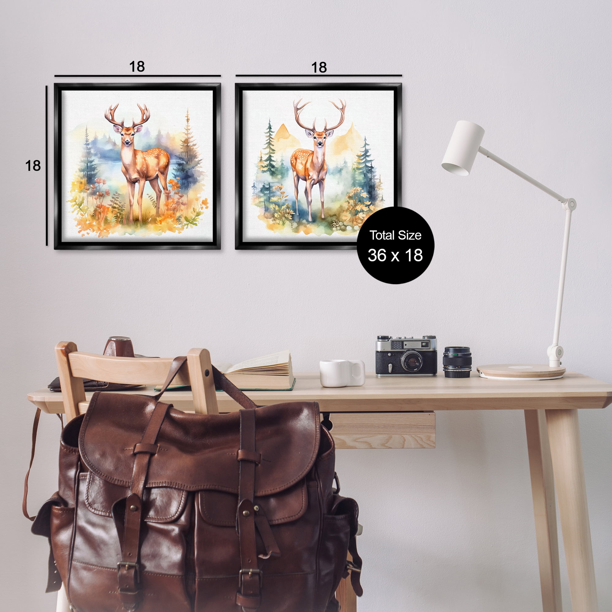 Stupell Industries Wild Deer Mountain Overlook Animals Painting Black Floater Framed Canvas Art Print Wall Art, 18 x 18, Set of 2