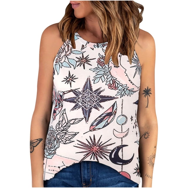 Verano mujer moda cuello redondo sin mangas estampado Casual Tee Tops Wmkox8yi bvn3576