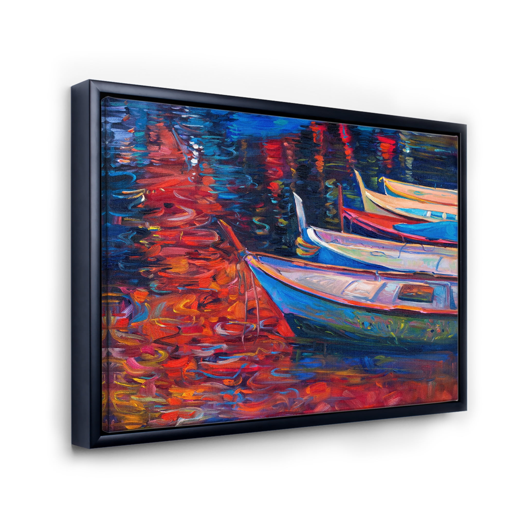 Designart 'Boats During Warm Sunset Resting On The Water IX' Nautical & Coastal Framed Canvas Wall Art Print
