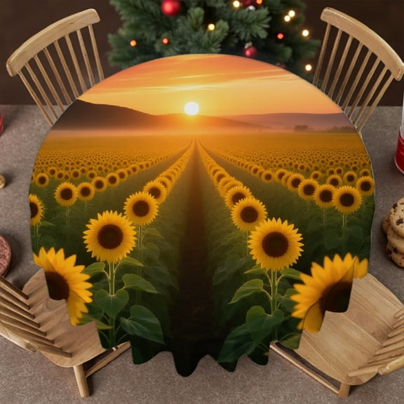 Sunrise in Field Landscape Tablecloth for dining table, - Holiday-Themed Design Tablecloth for dining table round, Cafe, picnic,60x60 Inch