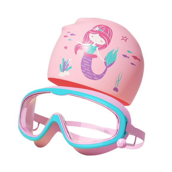 S SERENABLE Ensemble Bonnet et Lunettes de Natation Garçons Enfants Déco Professionnel Bonnet de Natation pour Enfants avec Lunettes Rose et Bleu