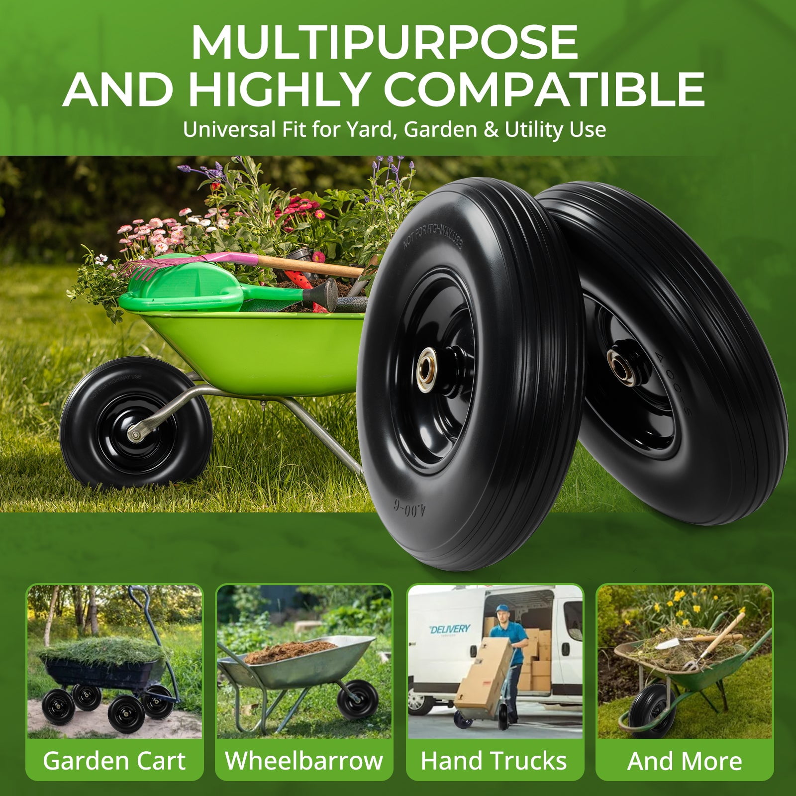 Backyard Expressions 13-Inch Flat-Free PU Tire 2-Pack – Solid PU Replacement Wheels with 5/8" & 3/4" Bearings, Spacer Kit & Steel Hubs for Wheelbarrows, Garden Carts, Wagons, Hand Trucks & More
