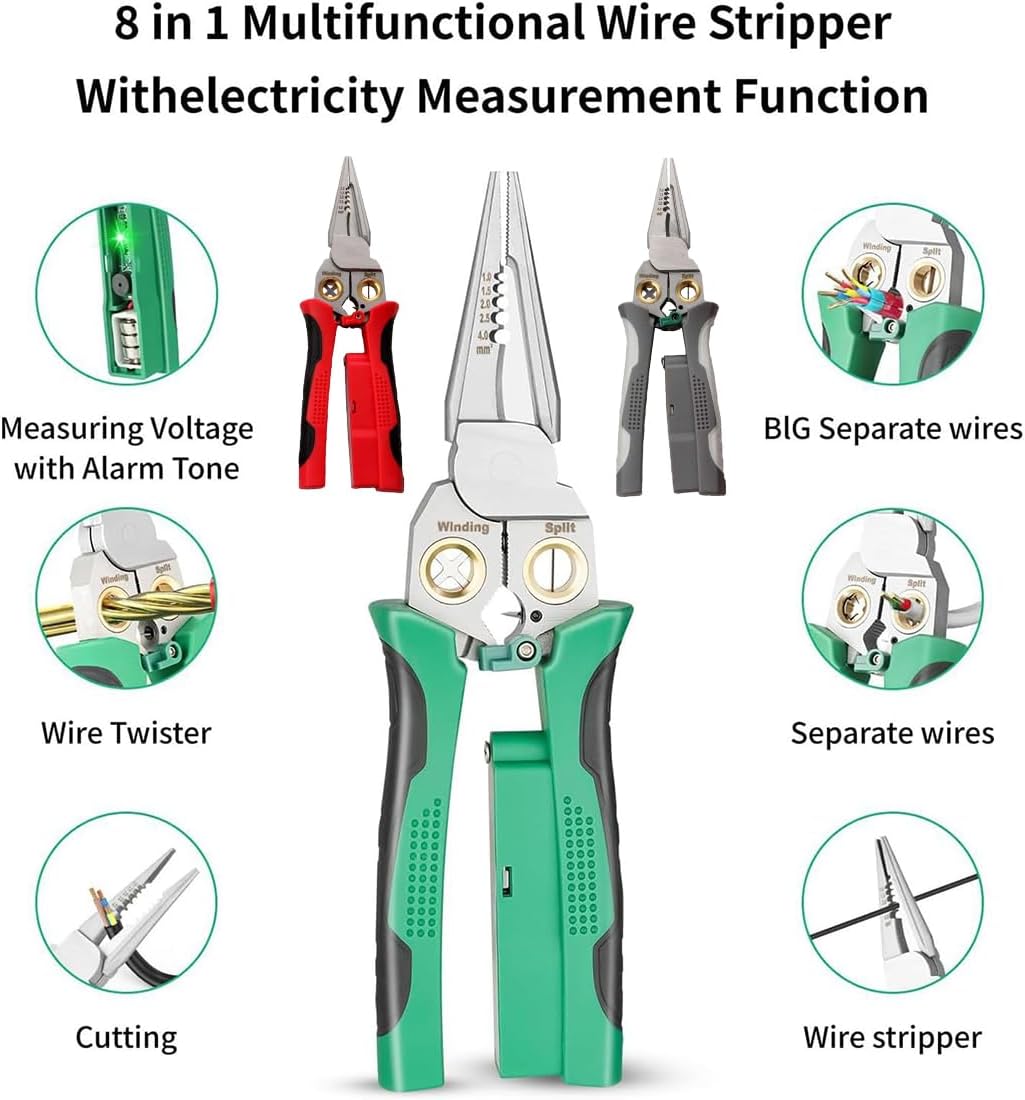 Outdoorfun 8 in 1 Wire Stripper Twister for Cutting and Pulling Wires Cable Scissors, Voltage Tester, Pinzas De Electricidad, Multi-function Electric Wire Stripping Tool
