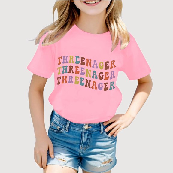Gyujnb Threenager Letter Print Short Sleeve Crew Neck T Shirt Casual Kids Tee (Little Girls, Big Girls),6-7 Years