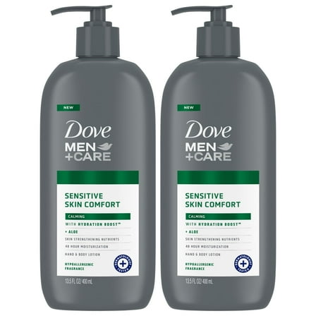 Dove Hand & Body Lotion, Men Care Value Pack – Sensitive Skin Comfort Formula with Shea Butter & Aloe Vera, Calming Lotion for Dry Skin, 13.5 Fl Oz (Pack of 2)