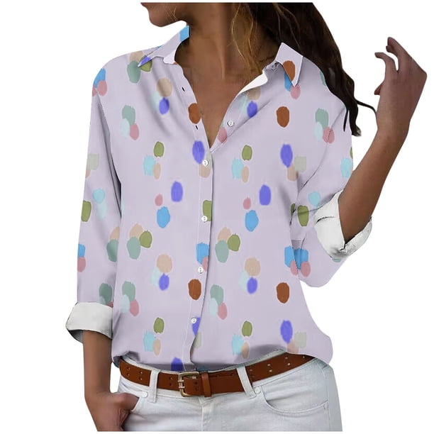 Camisetas de Mujer Casual, Manga Larga Impresa Solapa Botón Arriba Blusa, Ajuste Regular Poliéster Superior