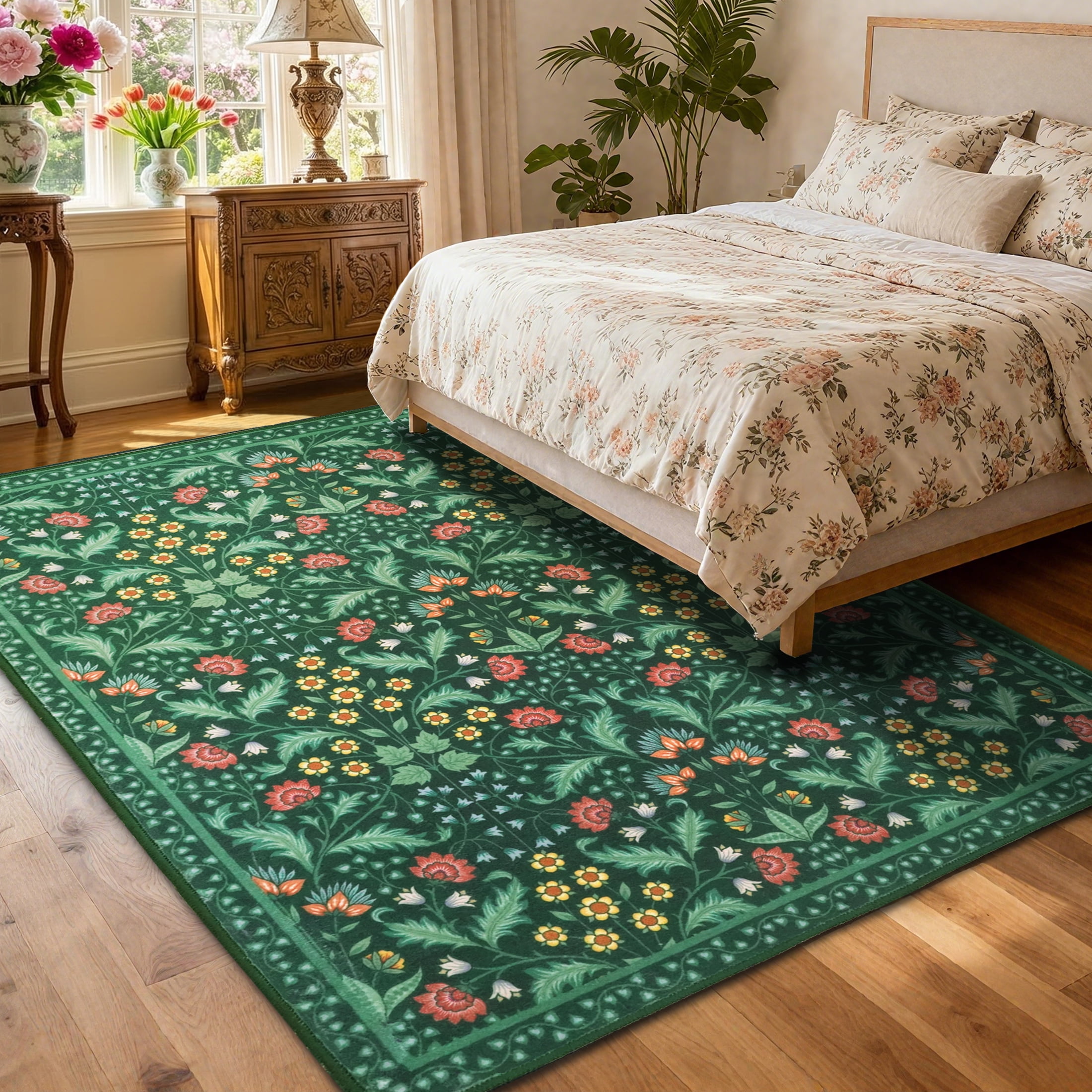 ARJINCUTE Spring Blooms Vintage Green Area Rugs 5' x 7', Soft Touch, Non Slip, Low Pile, Machine Washable, Foldable