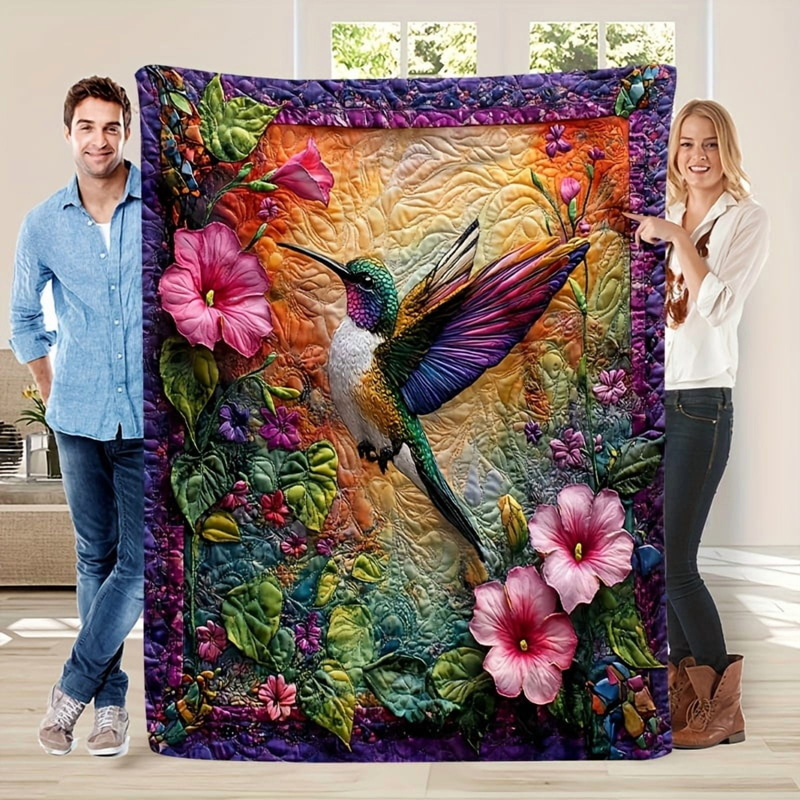 Colorful Hummingbird & Floral Print Flannel Blanket – Soft, Warm, All-Season Throw for Sofa, Bed, Office, and Travel – Vibrant Mixed Colors, Machine Washable, Perfect Gift for Family & Friends
