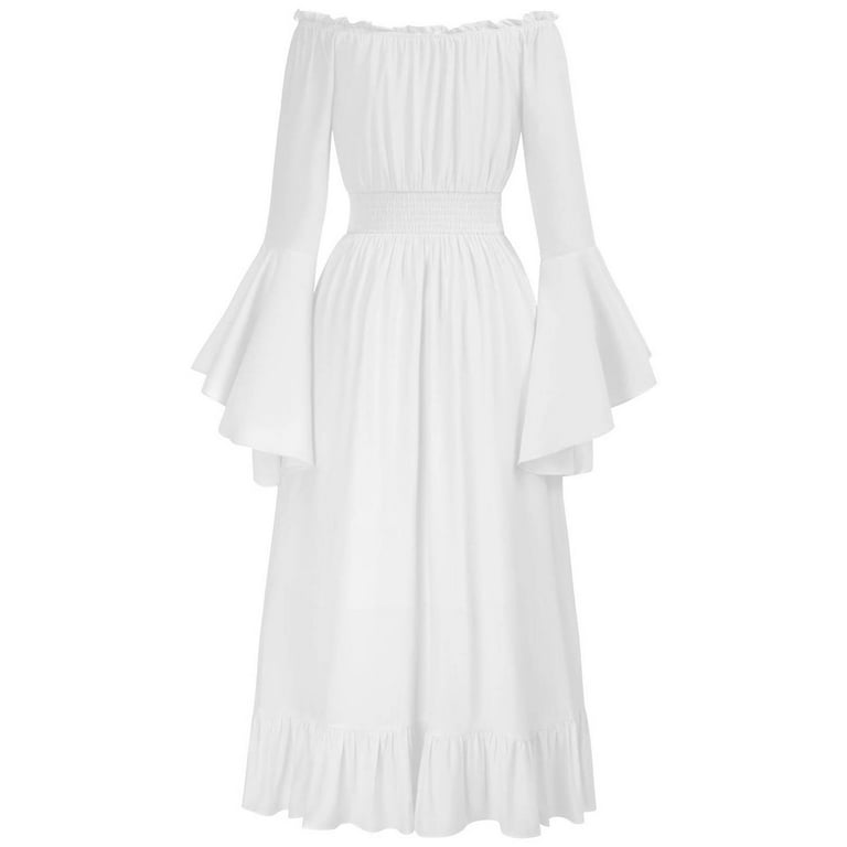 white renaissance dress long sleeve Kaemgyyd Renaissance Dress for Women Vintage Flare Long Sleeve Tie up Party Dress Smocked Waist Gothic High Low Dress, Women's, Size: Medium, Black