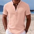 thumbnail image 4 of Zimjoy Men's Henley Shirts Casual Short Sleeve Bamboo Linen Band Collar Shirt Summer Button Basic Tee Pink 3XL, 4 of 5