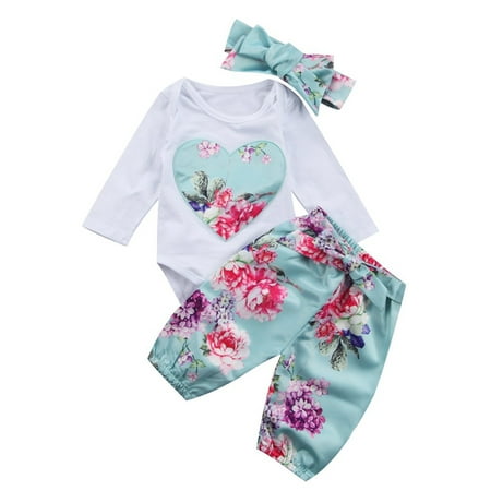 

Newborn Baby Girls Romper Outfit Heart Letters Print Tops Floral Pants Headband 3Pcs Clothes Set