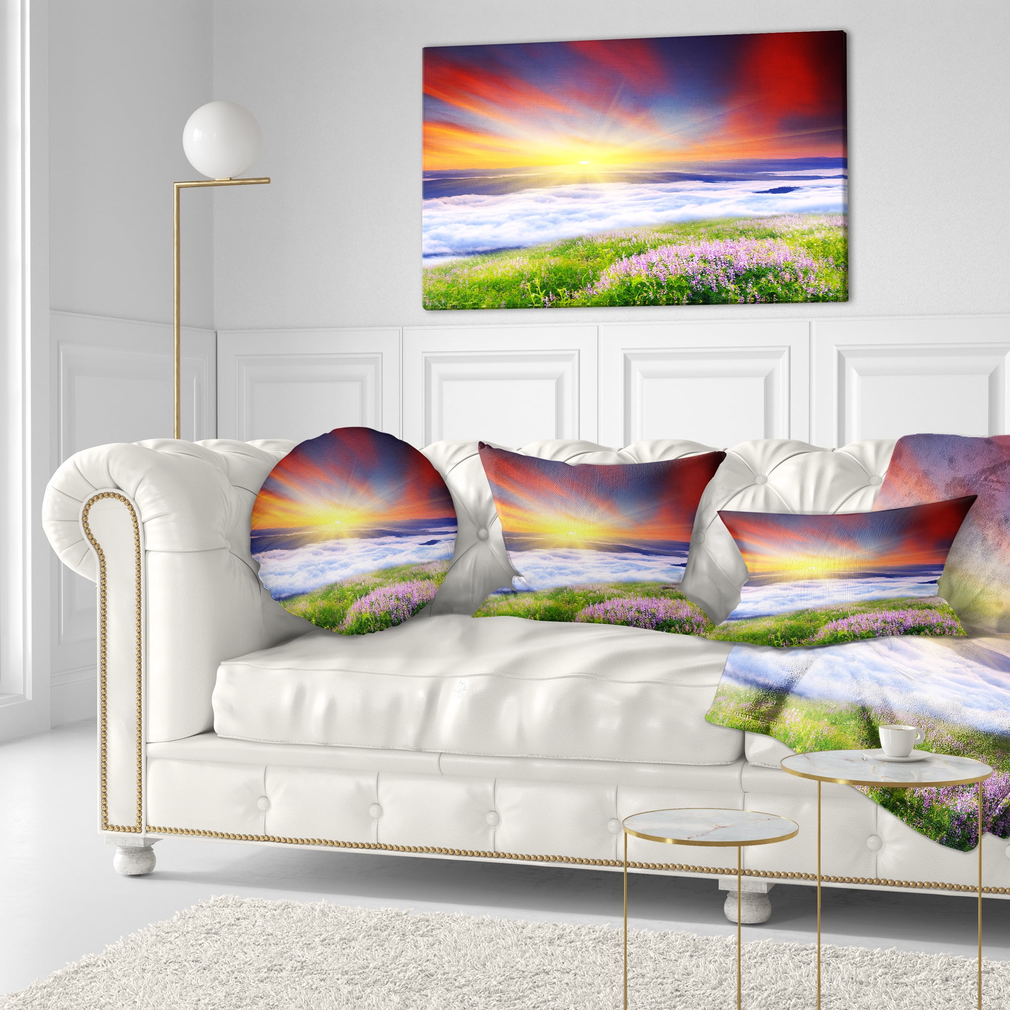 Designart Sunrise with Blooming Flowers - Landscape Printed Throw Pillow - 12x20