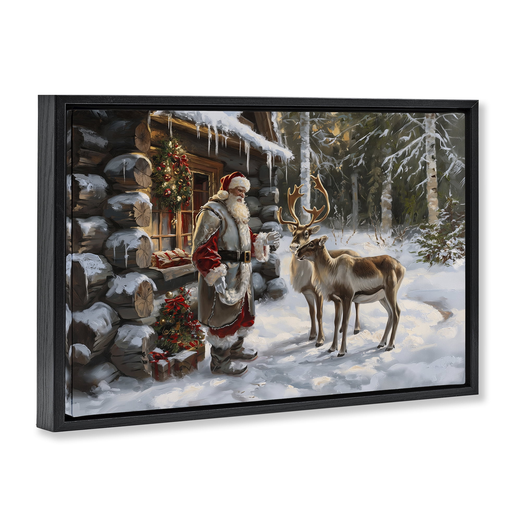 Stupell Industries Santa's Cabin with Reindeer Holiday Painting Black Floater Framed Canvas Art Prints Wall Art, 31 x 21