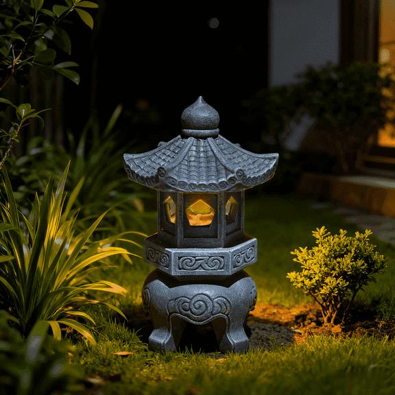 Lumiartisan Japanese Resin Lantern Garden Statue Zen Style - UV Resistant Lighted Roof Outdoor