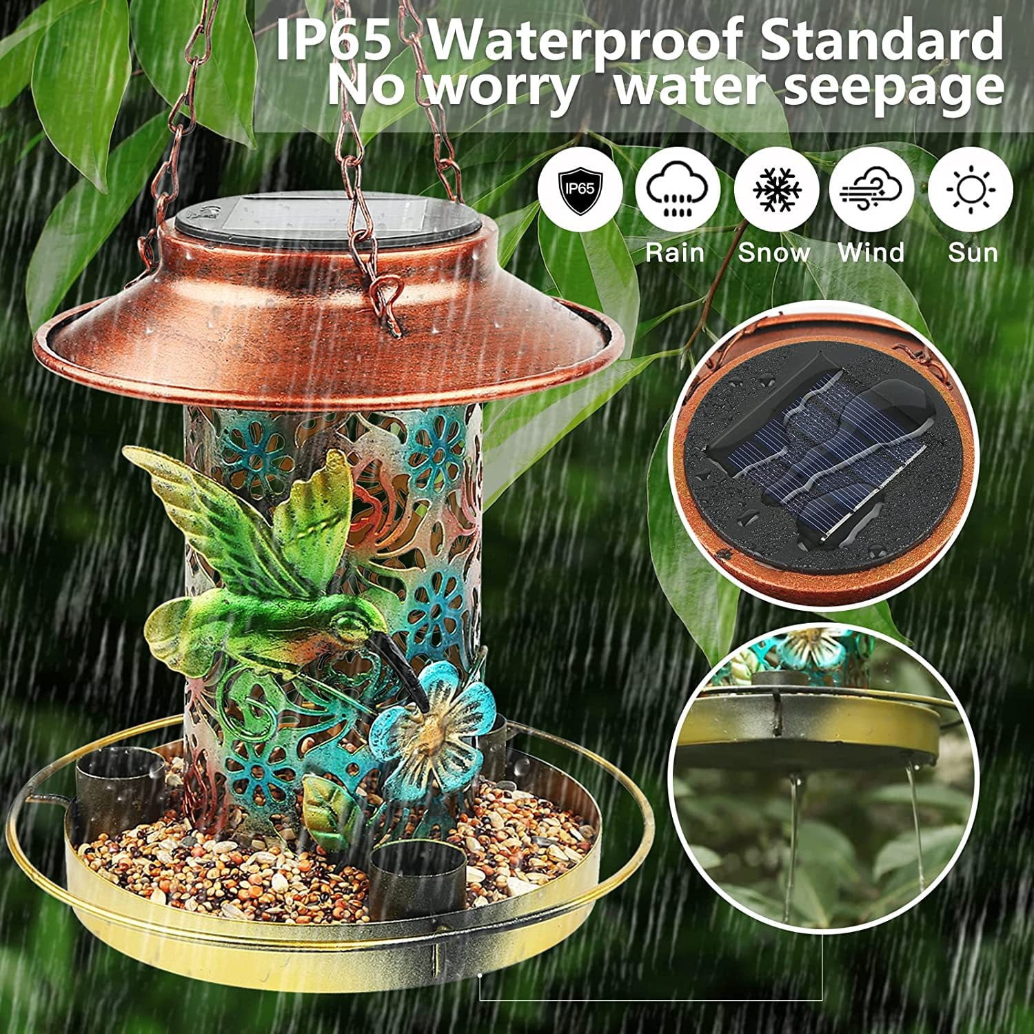 COSTYLE Solar Bird Feeder for Outdoors Hunging, Metal Waterproof Outside Wild Bird Feeders, Gifts for Bird Lovers