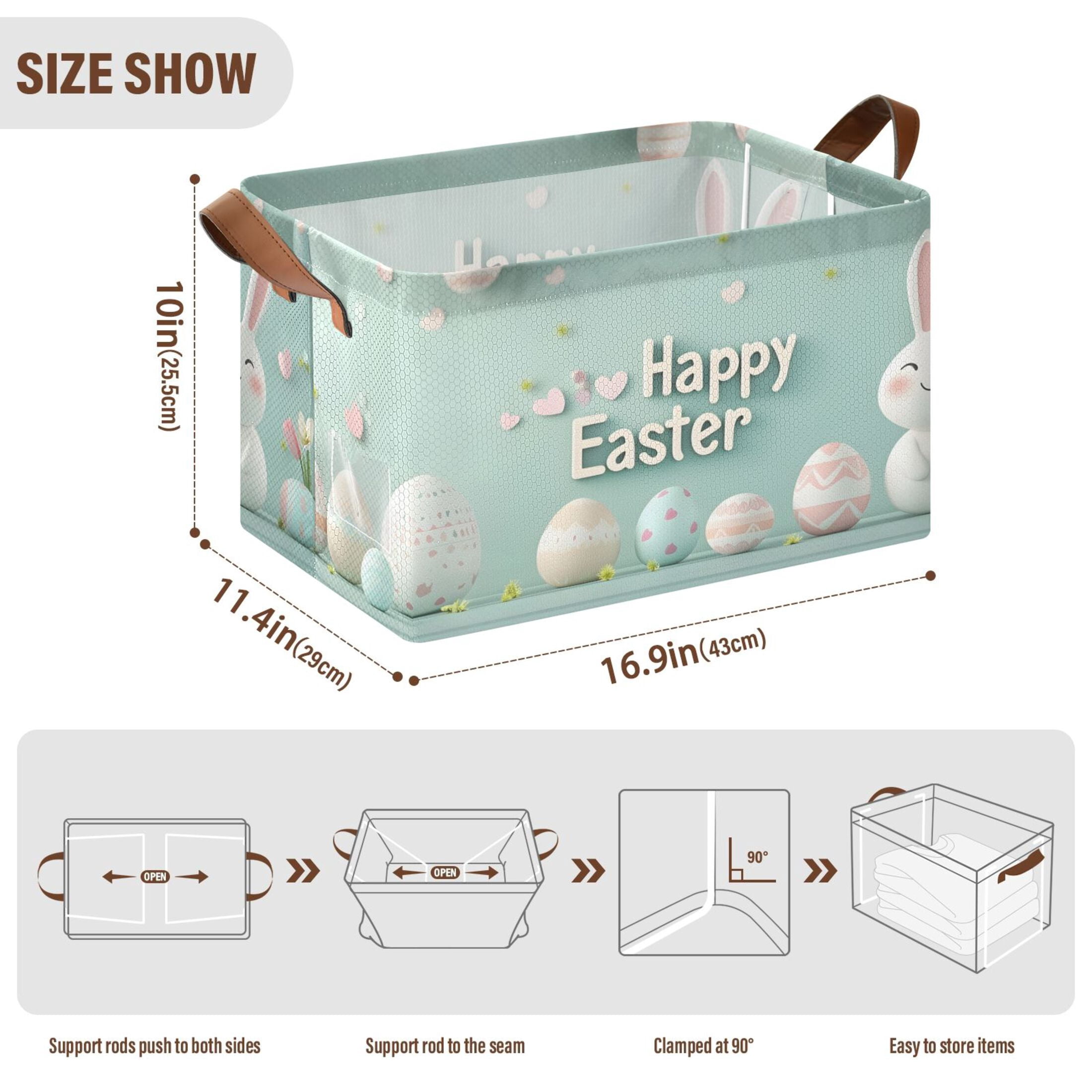 Ryvnso Cute Easter Bunny and Eggs Storage Bins Large Basket Foldable Cube Toys Organizer with Handles 2 PCs