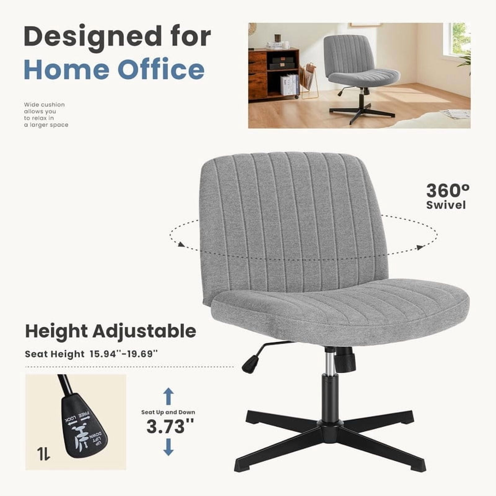 Kelno Linen Cross Legged Desk Chair Wide Seat Chair Ergonomic Height Adjustable Swivel Office Vanity Chair, Grey