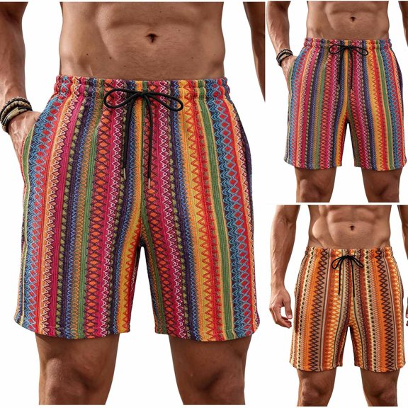 Men's Drawstring Waist Knited Jacquard Striped Shorts 7 Inch Boho Summer Beach Shorts with Pockets Size S-2XL Orange