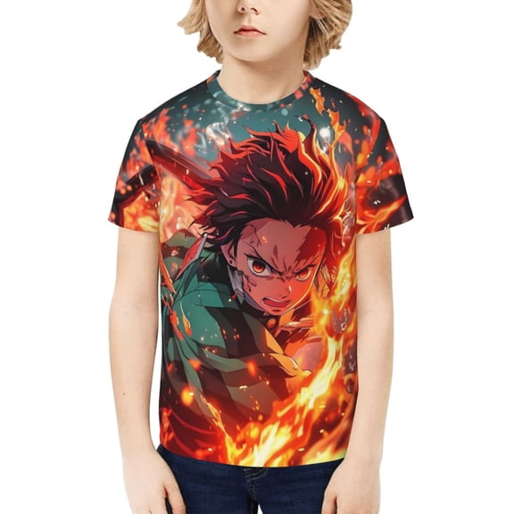 Youth Short Sleeve Tee Tops Demon Slayer Kamado Tanjirou T-Shirt Kids Print Shirts for Teen Boys Girls Large