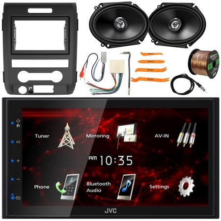 JVC KW-M180BT Double DIN 6.8" Touchscreen Bluetooth USB Digital Multimedia Receiver w/ Install Kit, 2x 6x8" 300W Max 2-Way Speakers, Wiring Harness, Antenna Adapter, Antenna, Wire, Pry Tool Set