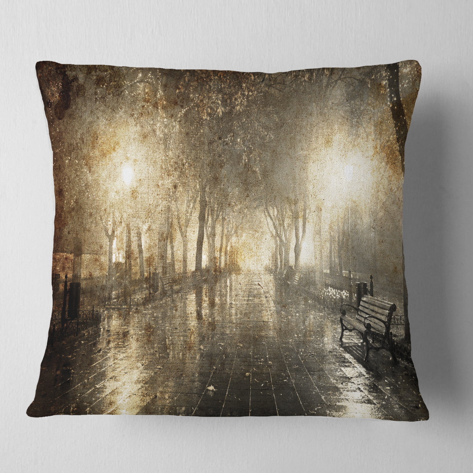 Designart Night Alley with Lights - Photography Landscape Printed Throw Pillow - 18x18