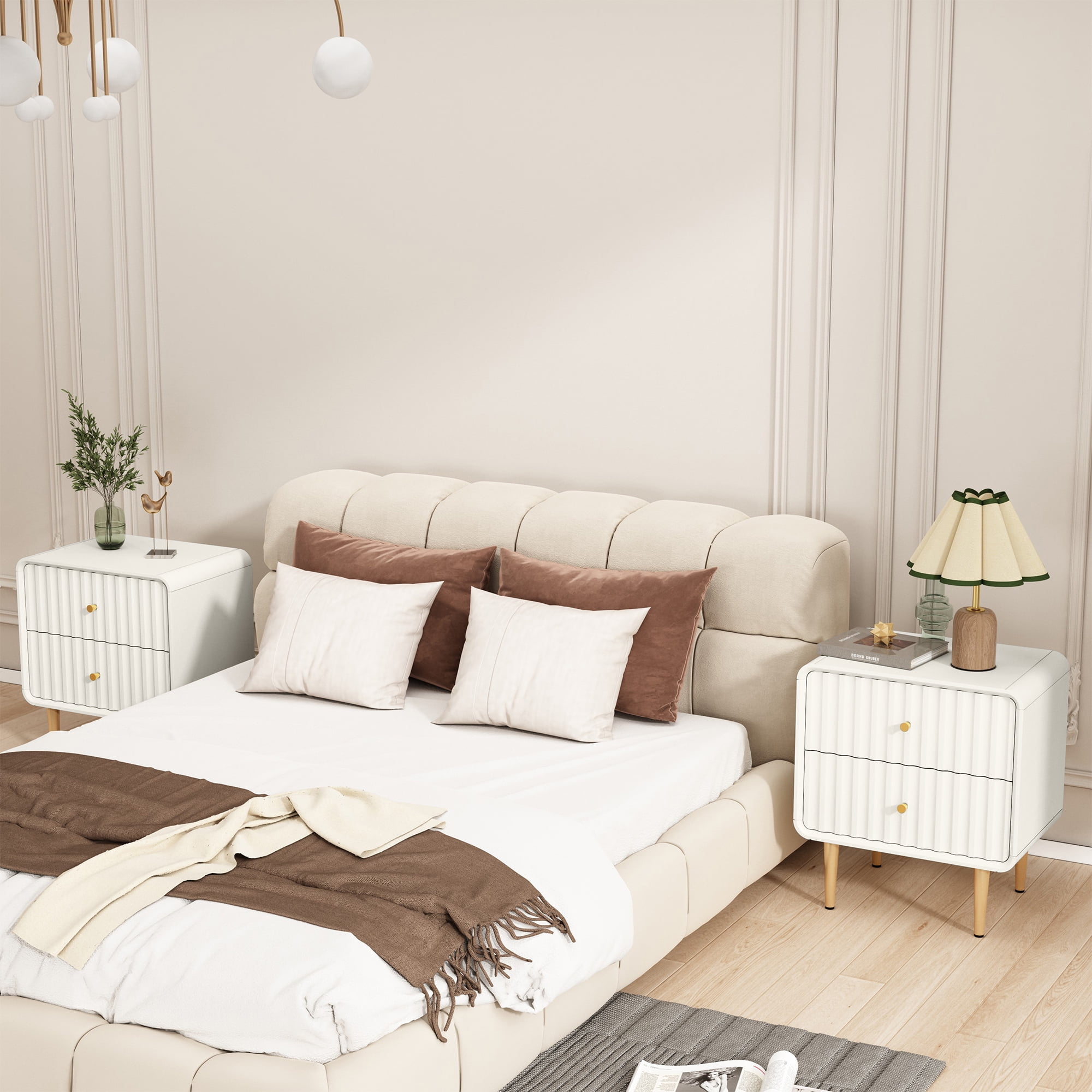 HLR 20" Modern Fluted White Nightstand Set of 2, Wood Bedside Table with 2 Drawers & Gold Metal Handles