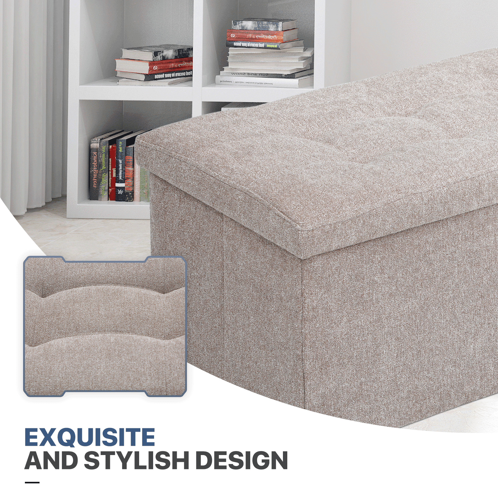 MoNiBloom 30" Folding Storage Ottoman Bench, Cotton-linen Collapsible Footrest Ottoman with Storage, for Living Room Bedroom Entryway, Sandy Beige