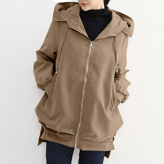 HongQid Women's Jackets Casual Long Sleeve Trench Coat Zip Up Hooded Overcoat with Pockets for Fall Winter