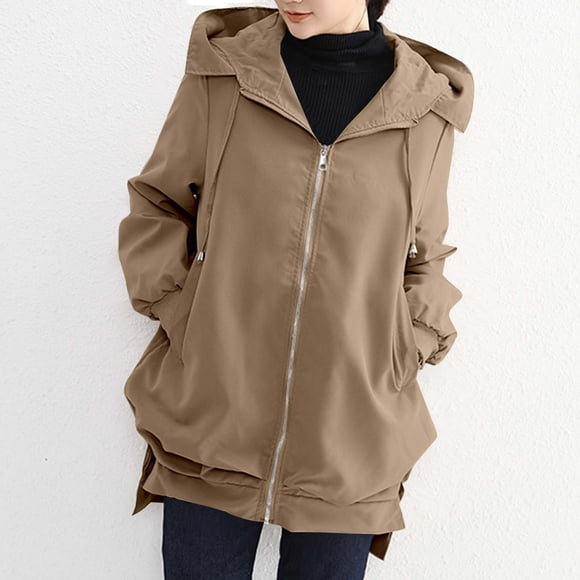 Mceream Women's Hooded Trench Coat Zip Up Long Sleeve Lightweight Windbreaker 2025 Fall Winter Outerwear with Pockets Plus Size Outfits Clothes Chaquetas Para Mujer Coffee XL