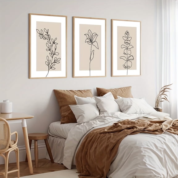 3pcs Boho Style Art Painting Line Drawing Plant Flower Leaf Canvas Poster HD Print Abstract Botanical Wall Picture Modern Minimalist Home Living Room Decoration, Frameless