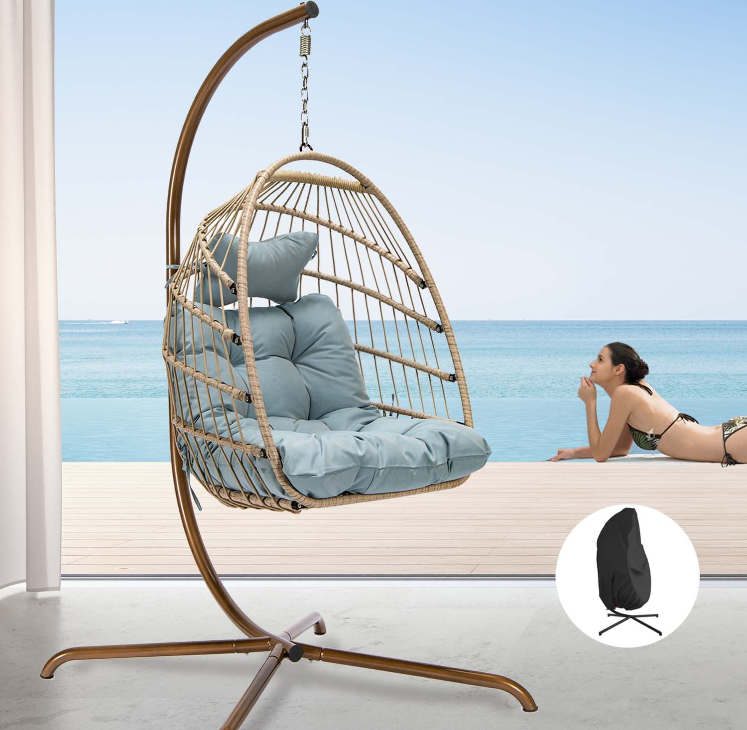 Nicesoul Foldable Wicker Hanging Egg Chair With Stand and Cover, Color
