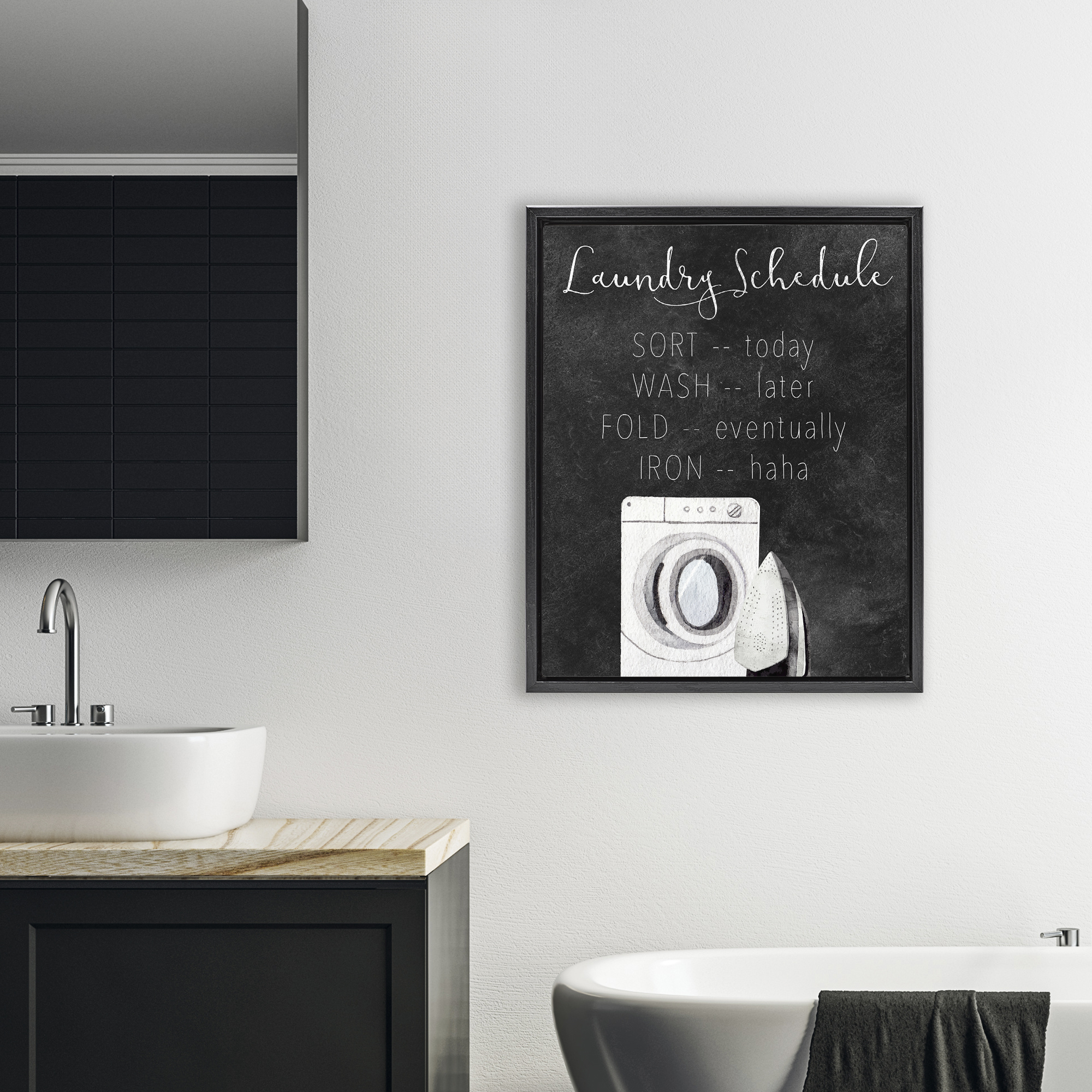 Lazy Laundry Schedule Humor Black Framed Floater Canvas Wall Art, design by Kim Allen