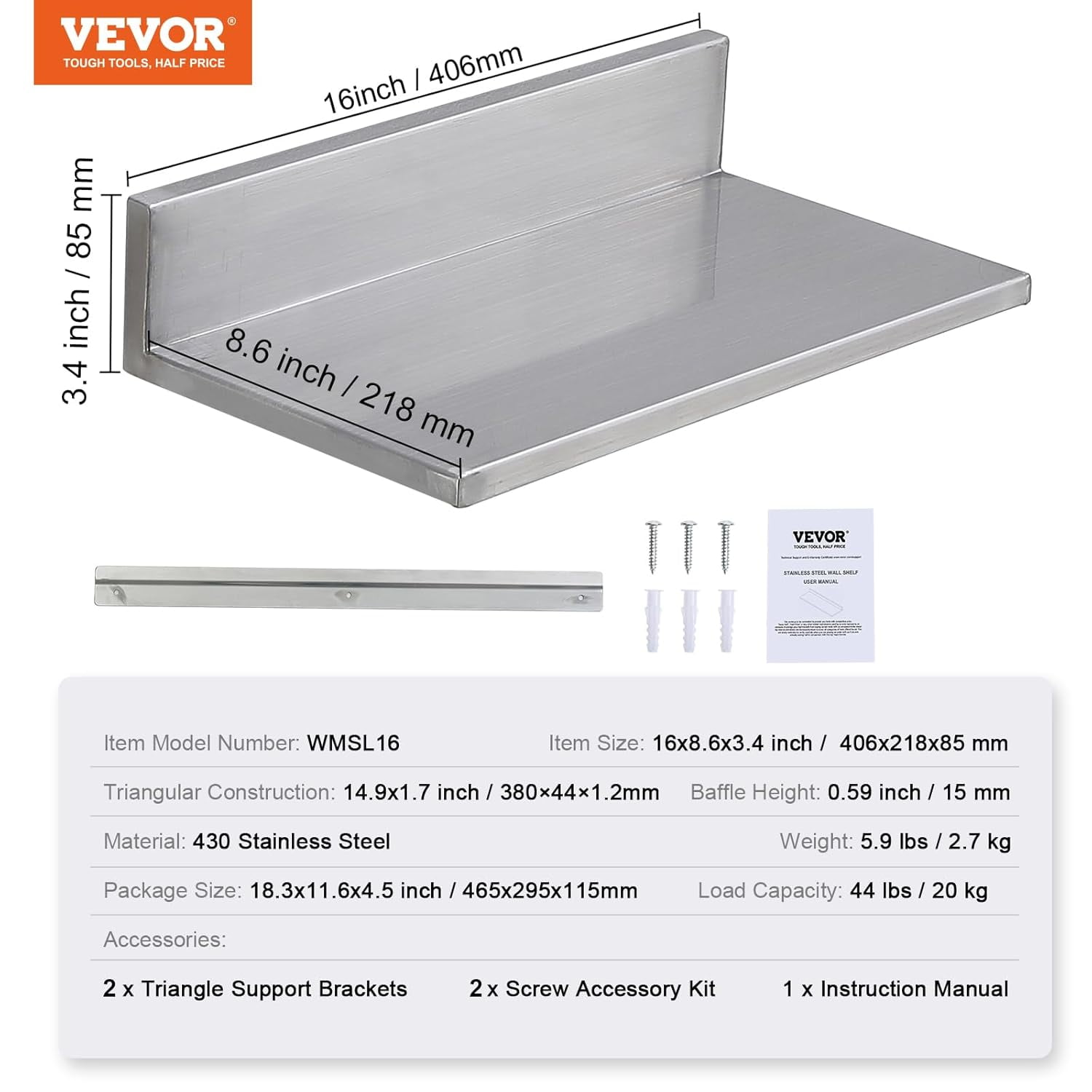 Stainless Steel Wall Shelf with Backsplash, 8.6" x 16", 2-Pack, 44 lbs Capacity for Kitchen, Bar, and Home