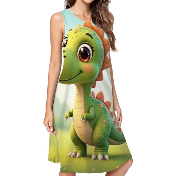 Cute Green Dinosaur Sun Dress Loose Women'S Dress Beach Dresses With Pockets Dresses For Womens