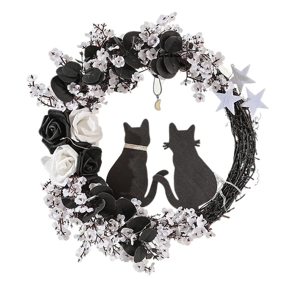Black Cat Moon Wreath for Halloween - Gothic Floral Halloween Door Decor with Lights - Witchy Front Porch, Wall & Window Decorations - Durable Outdoor/Indoor Use