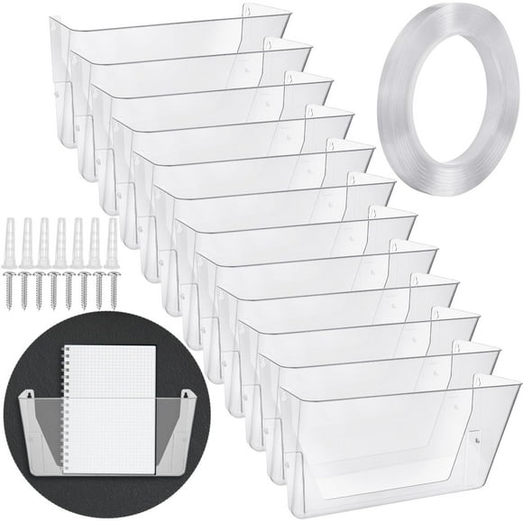 Tenceur 12 Pcs Plastic Single Pocket Wall Mount File Holder with Double Sided Adhesive Tape and Screws Wall File Hanging Folder Letter Paper Mail Org