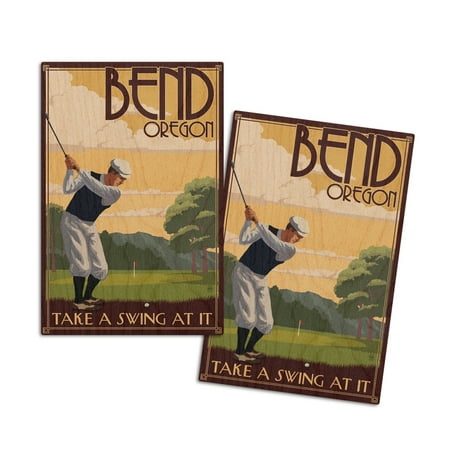 Bend, Oregon, Golfer, Take a Swing at It (4x6 Birch Wood Postcards, 2-Pack Stationary, Rustic Home Wall Decor)