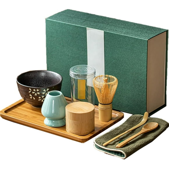Matcha Whisk Set, Japanese Matcha Tea Set, Matcha Bowl, Bamboo Matcha Whisk, Scoop, Matcha Whisk Holder, Tea Powder Can, Bamboo Tray, Handmade Matcha Ceremony Kit (8 Pcs) (A)