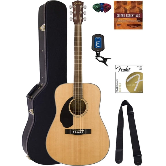 Fender CD-60S Solid Top Dreadnought Acoustic Guitar, Left Handed - Natural Bundle with Hard Case, Tuner, Strap, Strings, Picks, Austin Bazaar Instructional DVD, and Polishing Cloth