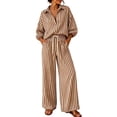 thumbnail image 2 of MaFYtyTPR Women 2 Piece Striped Outfits 3/4 Sleeve Button Down Shirt with Drawstring Wide Leg Pants Casual Comfy Two-piece Set A-Khaki L, 2 of 5