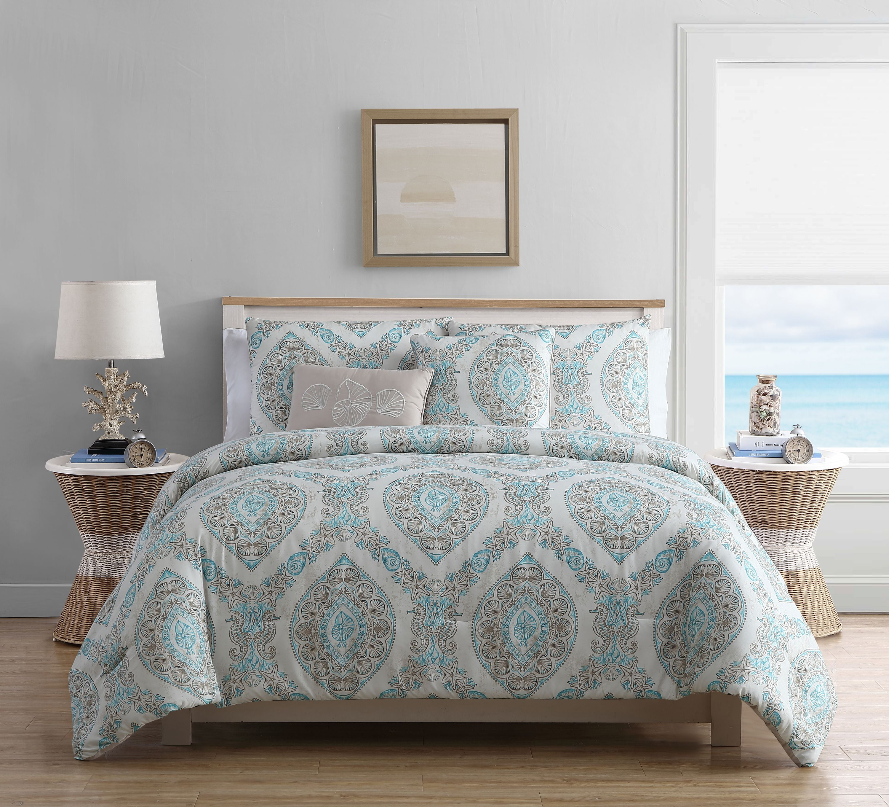 Vcny Home Sea Damask Reversible Comforter Set Queen Taupe