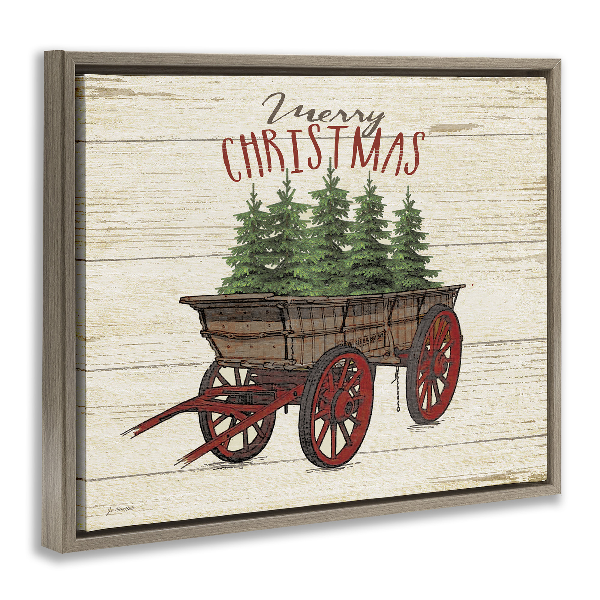 Stupell Industries Merry Christmas Tree Wagon Holiday Painting Brown Floater Framed Canvas Art Print Wall Art, 21 x 17