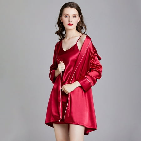 

Mrat Robes Long Sleeve Lounge Pajama Set Ladies Sling Silk Nightdress Nightgown Bathrobe Home Wear Pajamas Set 2-Piece Sleepwear Loungewear