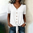 thumbnail image 6 of Lindreshi Cotton Linen Tops for Women Summer V Neck Short Sleeve Button Up Shirt With Front Placket and Lace Up Top, 6 of 8