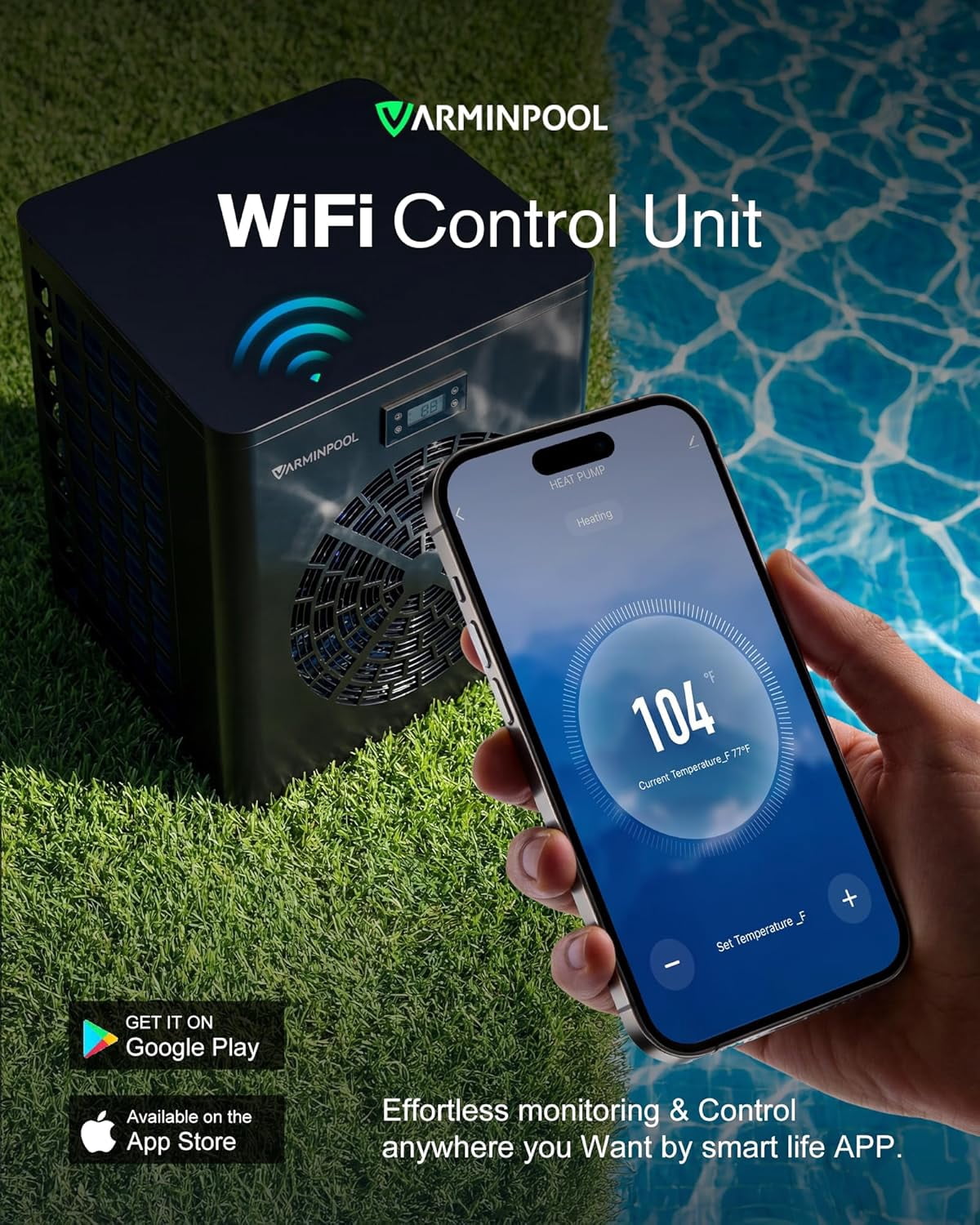 Varminpool Above Ground Pool Heater, Max 16000BTU up to 5400gallons Electric Swimming Pool Heat Pumps, Titanium Heat Exchanger, 110V/120V, Fits 8/11/15 Foot Pools Heating Pool Warmer