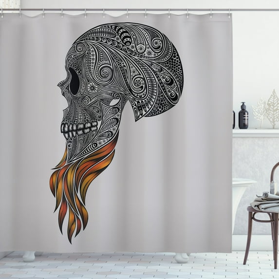 Ambesonne Indie Shower Curtain, Abstract Art Skull Beard, 69"Wx75"L, Black Pale Grey Orange