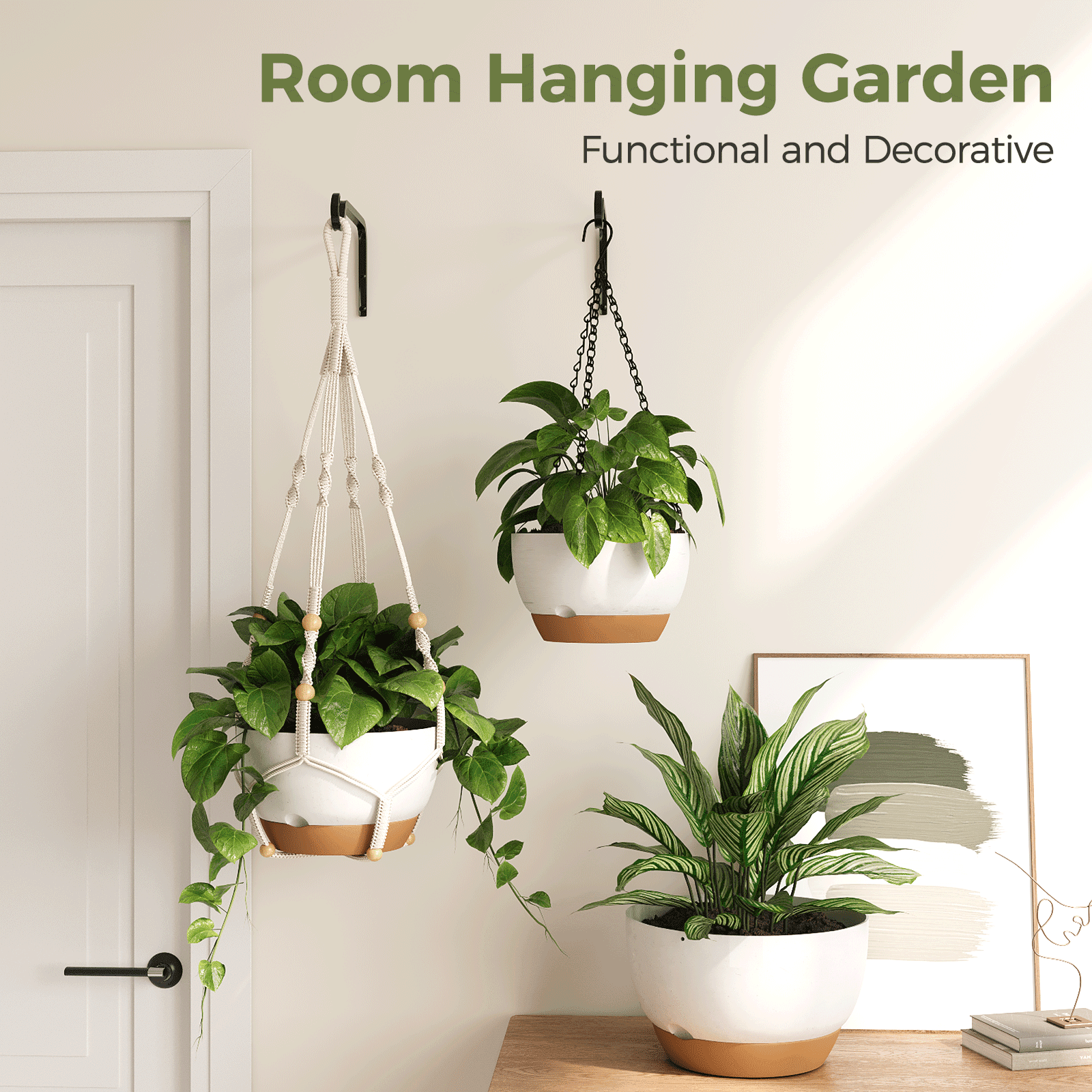 Gentingbro 3 Pcs White Hanging Planters Set, Decorative Pots for Succulents, Green Plants & Flowers Indoor Outdoor, Space-Saving Hanging Plant Pots for Vertical Gardening