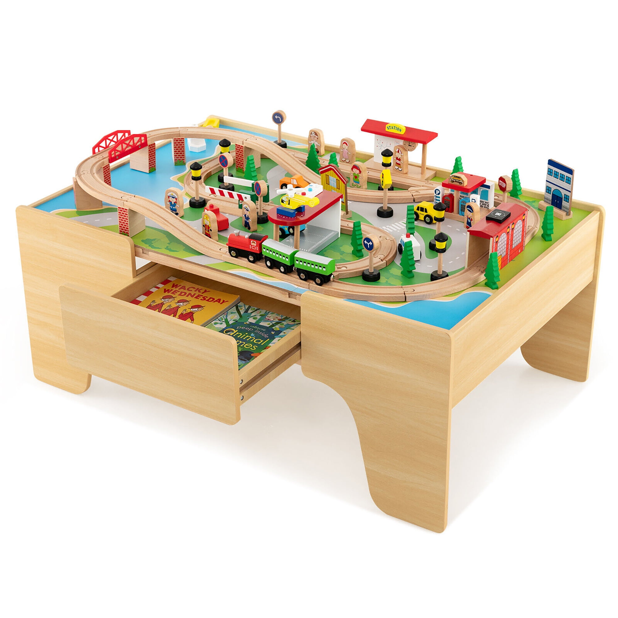 Gymax Kids Wooden Train Activity Playset w Solid Wood Tracks Large Storage Drawer