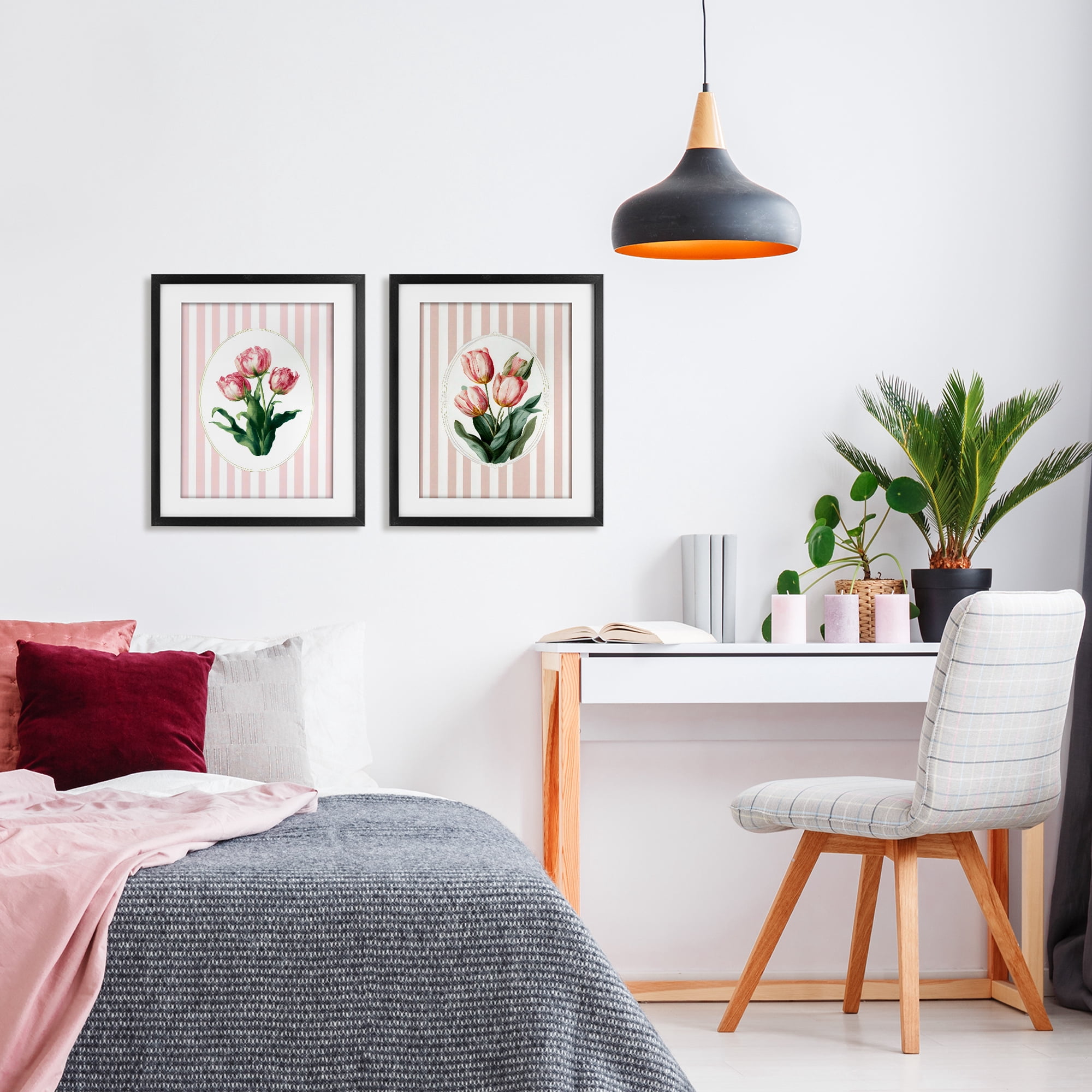 Stupell Industries Blush Tulips on Stripes 2 Piece Black Framed Print Under Glass Set, design by Ink Drop Loft